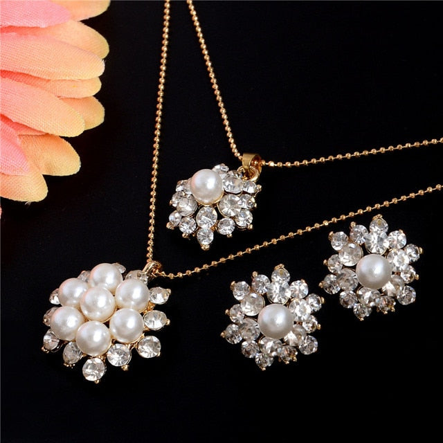 Classic Imitation Pearl Necklace Gold Color Jewelry Set For Women