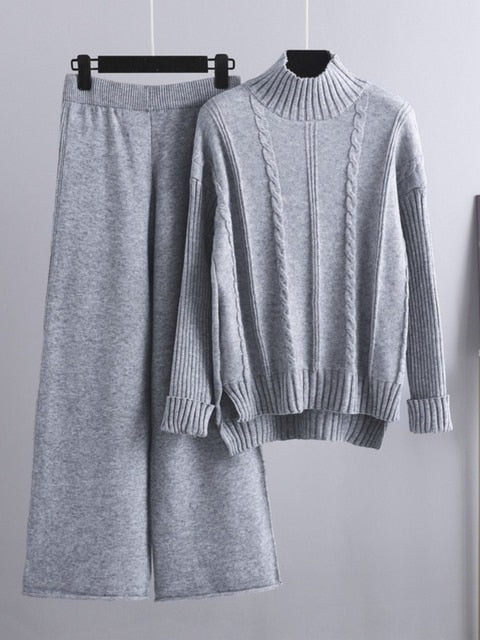 High Neck Sweater and Loose Pants- Two Piece Set