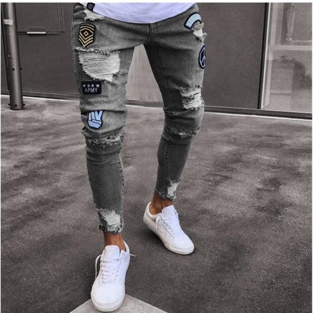 Hip Hop Slim Fit Skinny Embroidery Cartoon Print Pants- Jeans