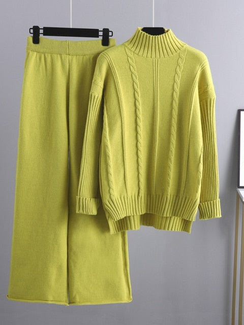 High Neck Sweater and Loose Pants- Two Piece Set