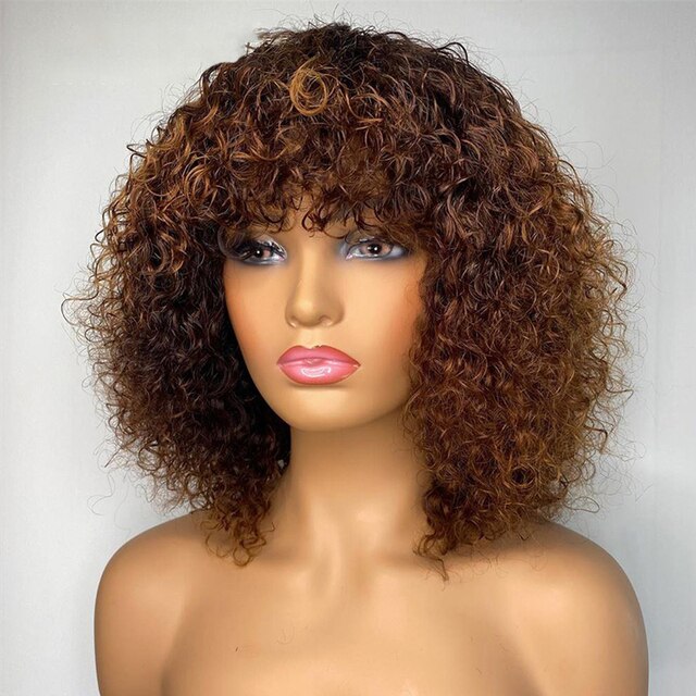 Short Curly Pixie Cut Bob Human Hair Wig With Bangs