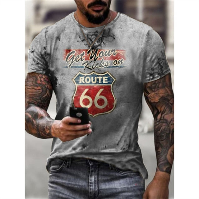 vintage Oversized America Route 66 Letters Printed O Collared T-Shirt