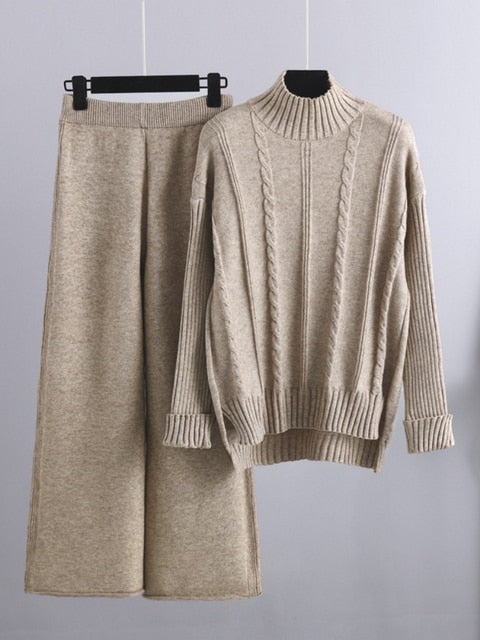 High Neck Sweater and Loose Pants- Two Piece Set