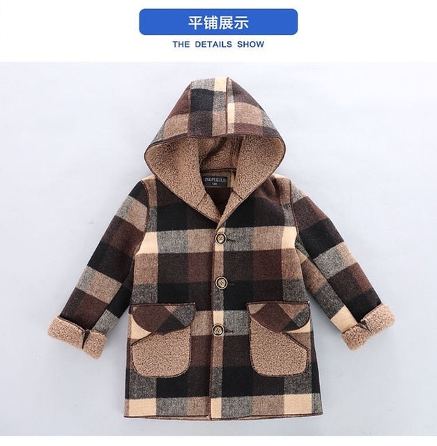 Hooded Warm Plaid Outerwear Windbreaker Jacket Coat for Boys