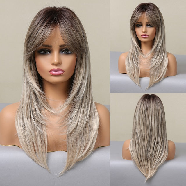Synthetic Wig with Bangs Layered Natural Straight Wig for Women