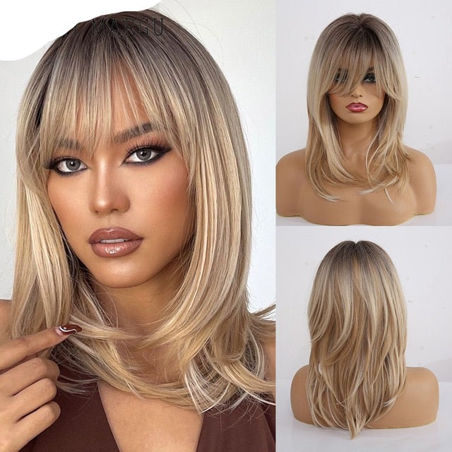 Synthetic Wig with Bangs Layered Natural Straight Wig for Women