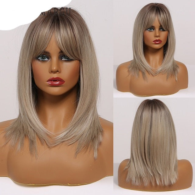 Synthetic Wig with Bangs Layered Natural Straight Wig for Women