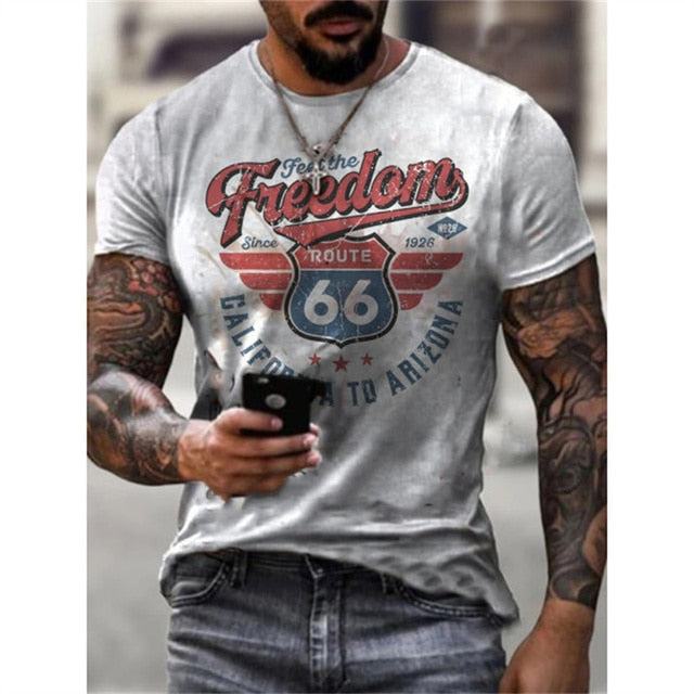 vintage Oversized America Route 66 Letters Printed O Collared T-Shirt
