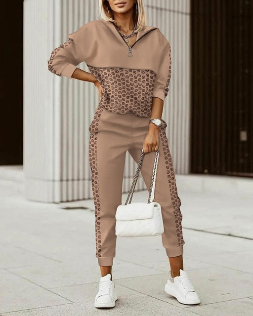 V Neck Print Top + Pants Tracksuit