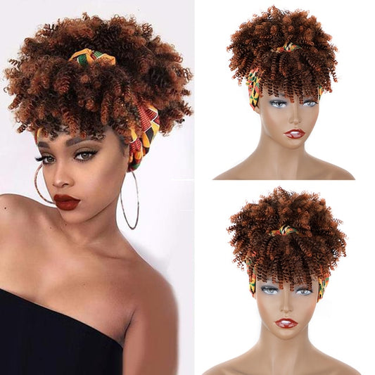 Short Synthetic Kinky Curly Headband Hair Wig with Bangs