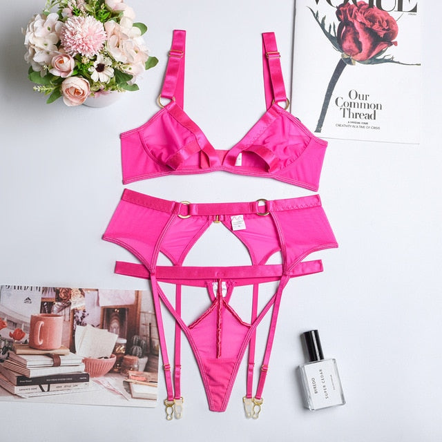 Cut Out Bra Underwear Outfit G string Lingerie Sexy Set 3-pieces