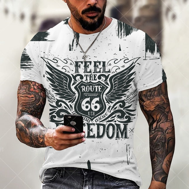 vintage Oversized America Route 66 Letters Printed O Collared T-Shirt