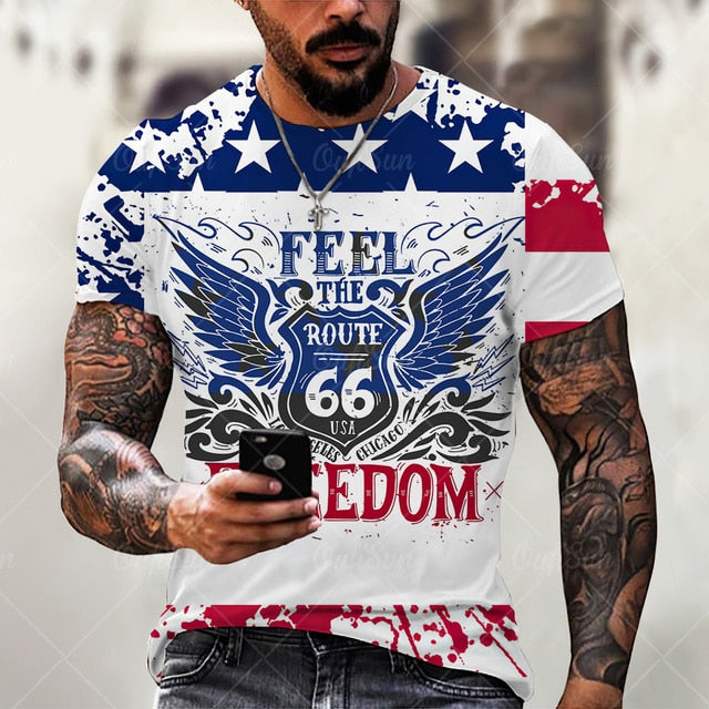 vintage Oversized America Route 66 Letters Printed O Collared T-Shirt