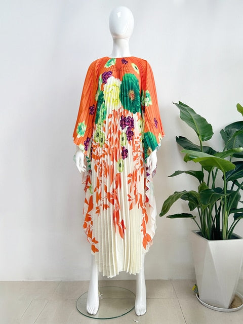 Pleated Dress Designer Printed Round Neck