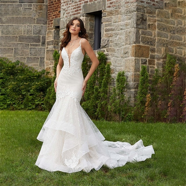 V Neck Backless Mermaid Wedding Dress