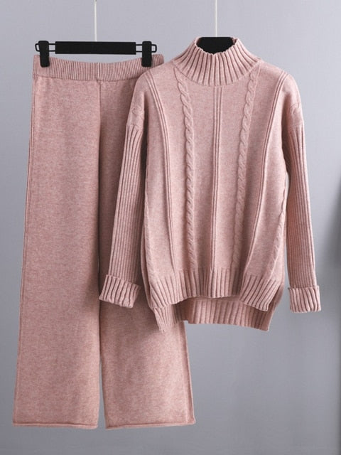 High Neck Sweater and Loose Pants- Two Piece Set