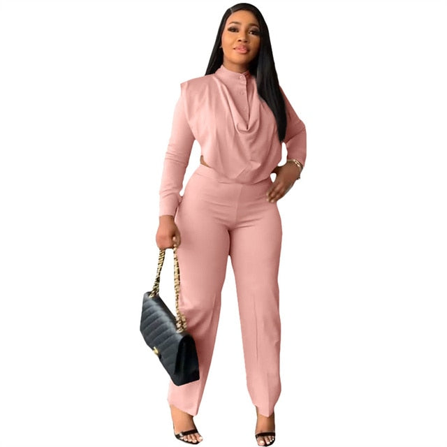 Office Lady Ruched Crop Top And Pants Suit 2 Piece Set