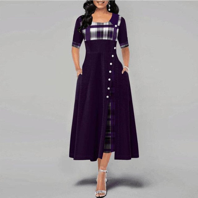 Fashion Half Sleeve Plaid Print Button Detail Maxi Dress