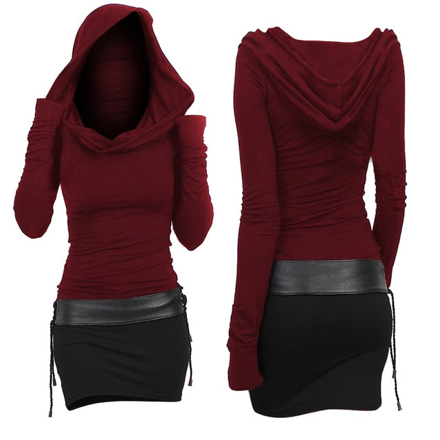 Two Tone Long Sleeve Cotton Slim Fit Hoodie Dress
