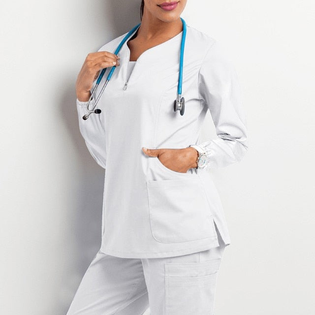 Zipper V Neck Long Sleeve Scrub Uniform Top