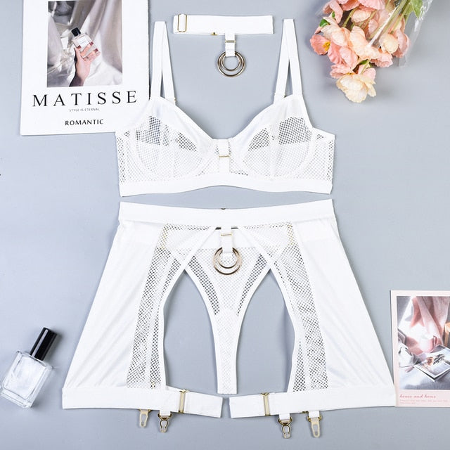 Mesh Bra Set with Ring Sexy Lingerie-4 Piece