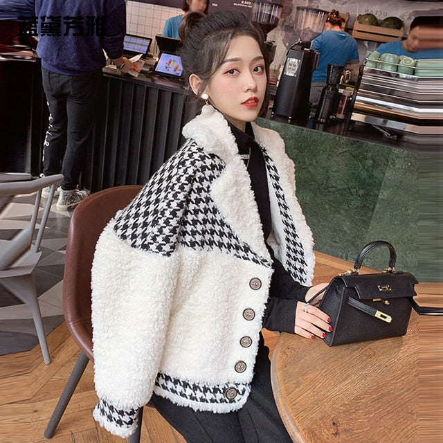 Houndstooth Short Lamb Coat Jacket for Women