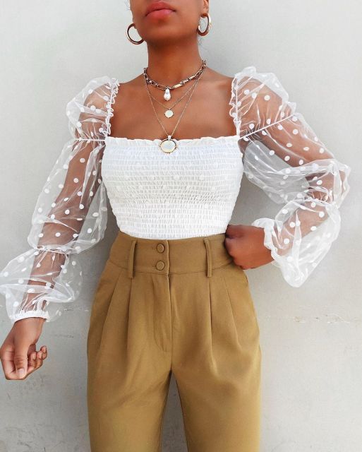 See-through Long Sleeve Crop Top for Women