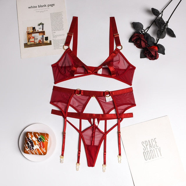 Cut Out Bra Underwear Outfit G string Lingerie Sexy Set 3-pieces