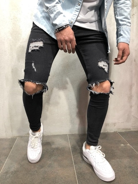 Slim Hip-hop Knee Holes Wash Paint Dot Design - Jeans