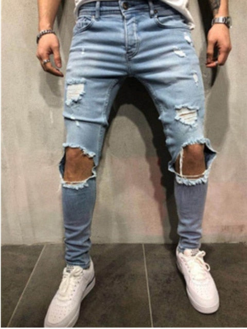Slim Hip-hop Knee Holes Wash Paint Dot Design - Jeans