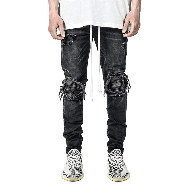 Slim Hip-hop Knee Holes Wash Paint Dot Design - Jeans