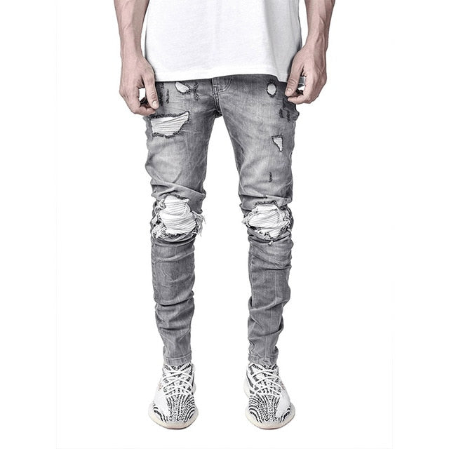 Slim Hip-hop Knee Holes Wash Paint Dot Design - Jeans