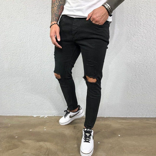 Slim Hip-hop Knee Holes Wash Paint Dot Design - Jeans