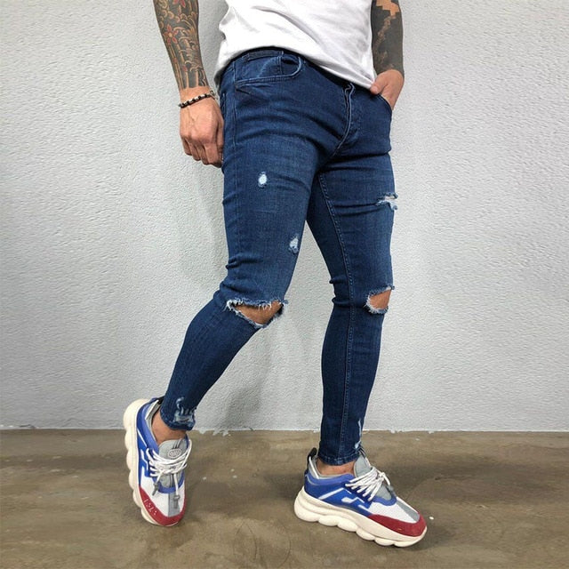 Slim Hip-hop Knee Holes Wash Paint Dot Design - Jeans