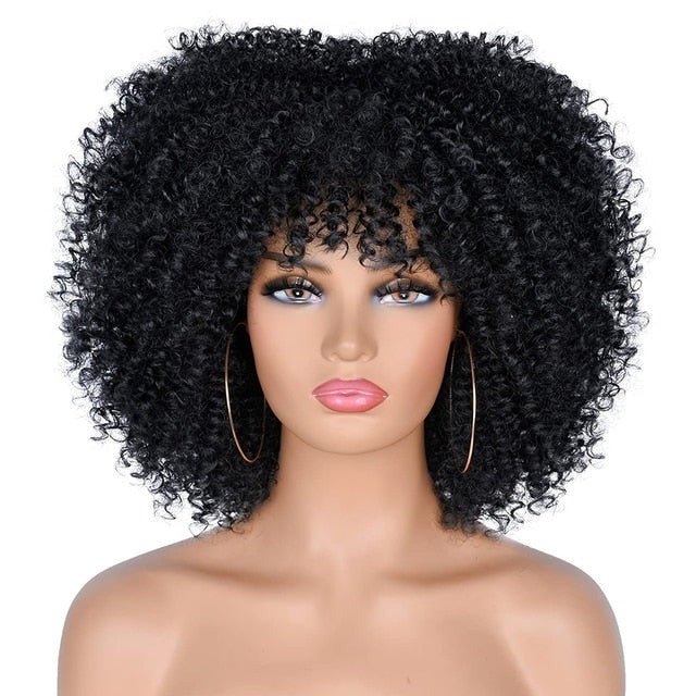 Short Hair Afro Kinky Curly Synthetic Wigs With Bangs