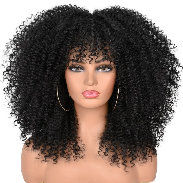 Short Hair Afro Kinky Curly Synthetic Wig With Bangs