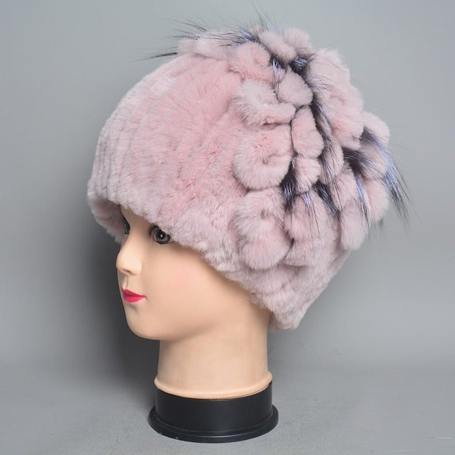 Fur Flowers Hat Winter Warm Handmade Beanies