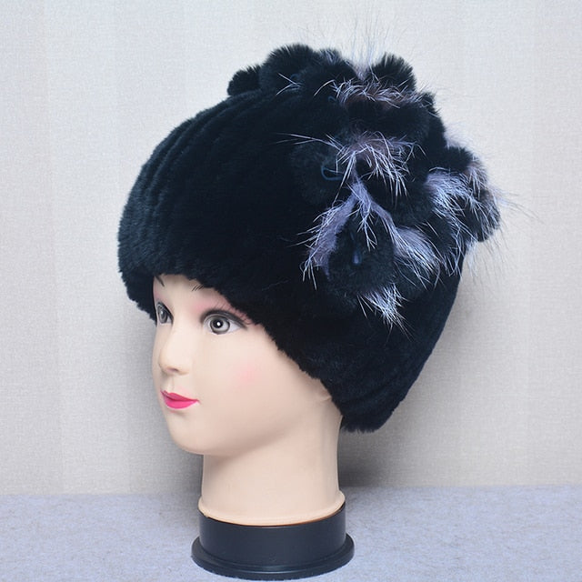 Fur Flowers Hat Winter Warm Handmade Beanies