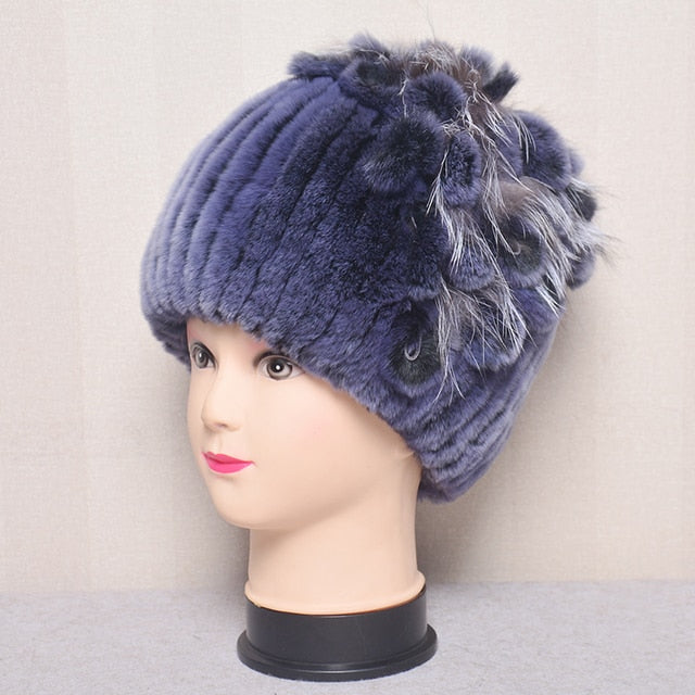 Fur Flowers Hat Winter Warm Handmade Beanies