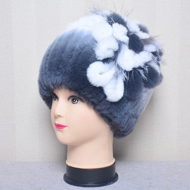 Fur Flowers Hat Winter Warm Handmade Beanies