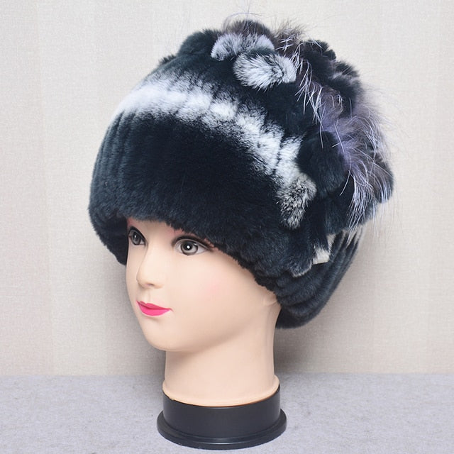 Fur Flowers Hat Winter Warm Handmade Beanies