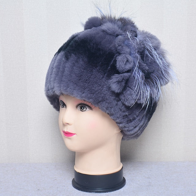 Fur Flowers Hat Winter Warm Handmade Beanies