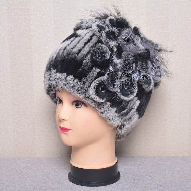 Fur Flowers Hat Winter Warm Handmade Beanies