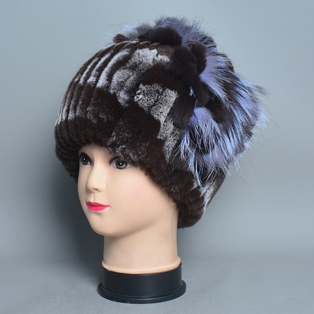 Fur Flowers Hat Winter Warm Handmade Beanies