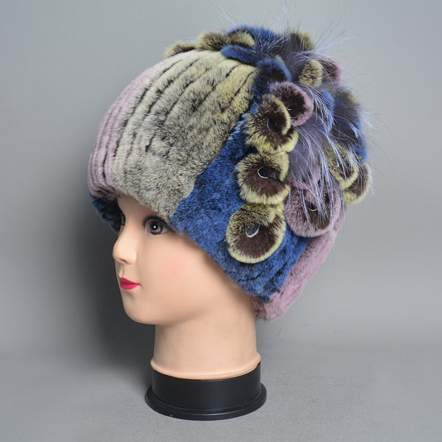 Fur Flowers Hat Winter Warm Handmade Beanies