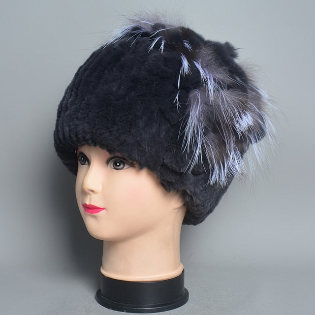 Fur Flowers Hat Winter Warm Handmade Beanies