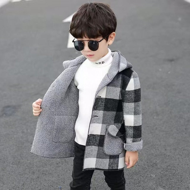 Hooded Warm Plaid Outerwear Windbreaker Jacket Coat for Boys