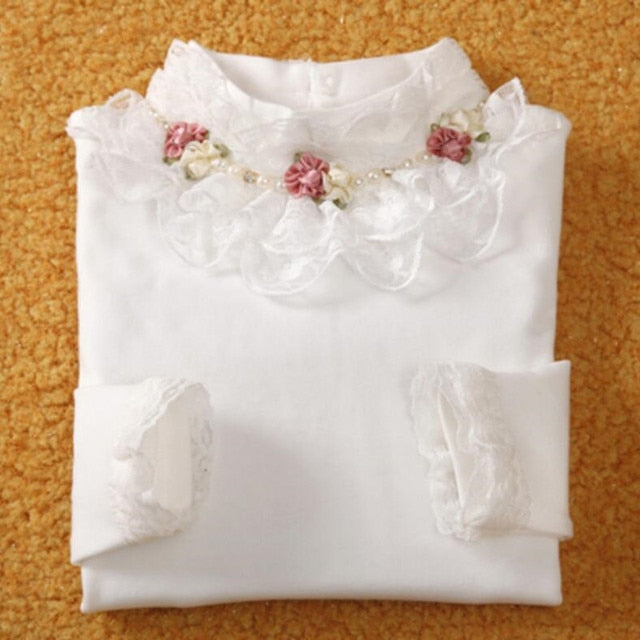 White Lace Puff Long Sleeve Blouse Top for Girls