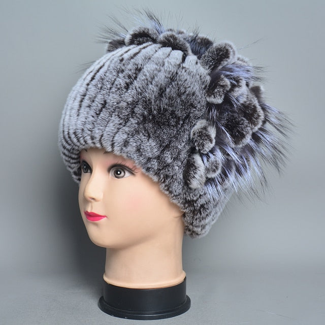 Fur Flowers Hat Winter Warm Handmade Beanies