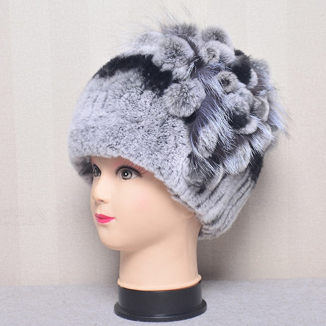 Fur Flowers Hat Winter Warm Handmade Beanies
